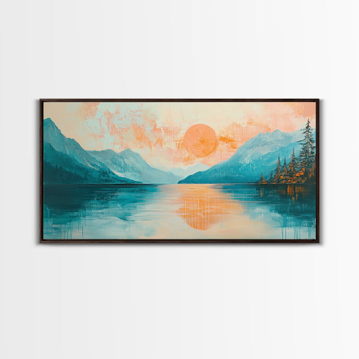 Sunset Lake, lake Tahoe art, framed canvas print, pink orange wall art, horizontal wall art, seascape painting, coastal decor