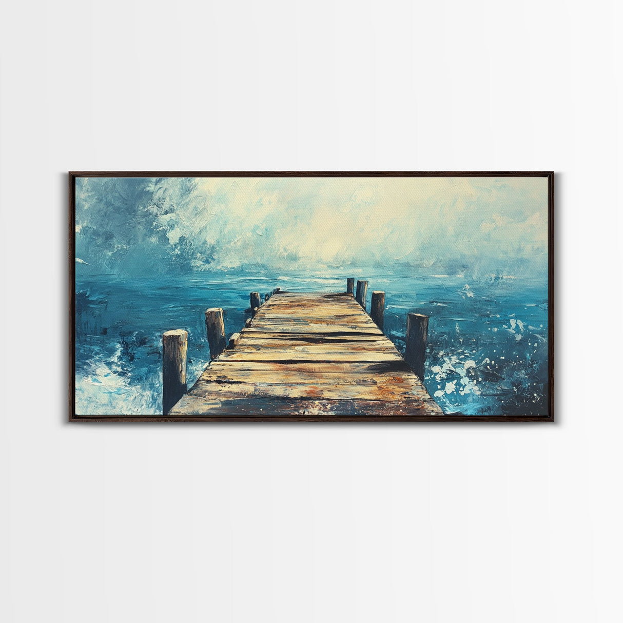 Rustic Dock, Nautical Wall Art, Framed Canvas Print, Coastal Landscape Art, Ocean Painting, Seascape Painting, Extra Wide Art