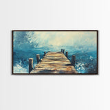 Rustic Dock, Nautical Wall Art, Framed Canvas Print, Coastal Landscape Art, Ocean Painting, Seascape Painting, Extra Wide Art