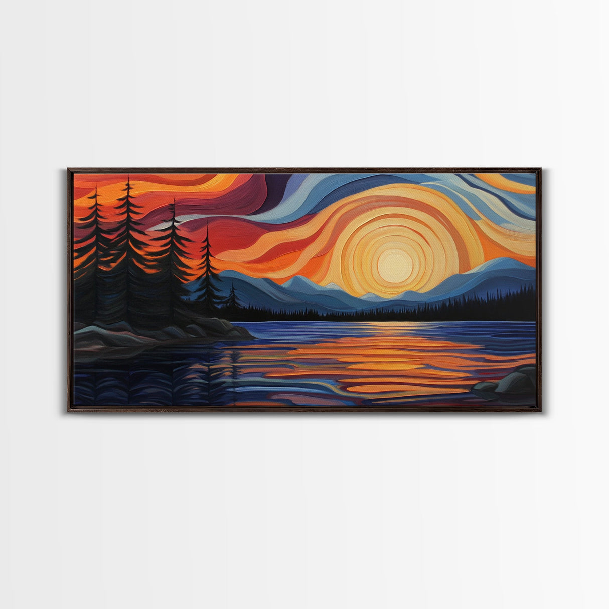 Sunset Lake, Mountain Painting, Framed Canvas Print, Pine Tree Art, Pink Orange Wall Art, Rustic Art, Landscape Painting