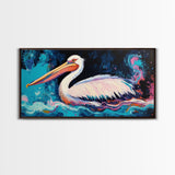 Bird art, pelican painting, framed canvas print, coastal decor, extra wide art, tropical painting, colorful abstract wall art
