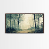 Foggy Forest Path, forest at dusk painting, pine tree art, wabi sabi art, moody art, extra wide art, rustic wall art, Canvas Print