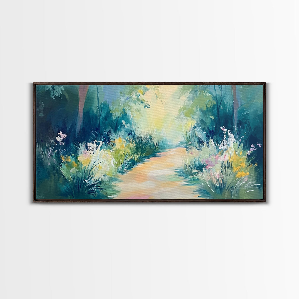 Serene Woodland Trail, wildflower painting, botanical prints, landscape painting, rustic decor, extra wide art, Framed Canvas Print