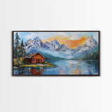 Mountain Cabin, Rustic Art, Lake Tahoe Art, Above Sofa Art, Landscape Painting, Bedroom Art, Framed Canvas Print, Farmhouse Art