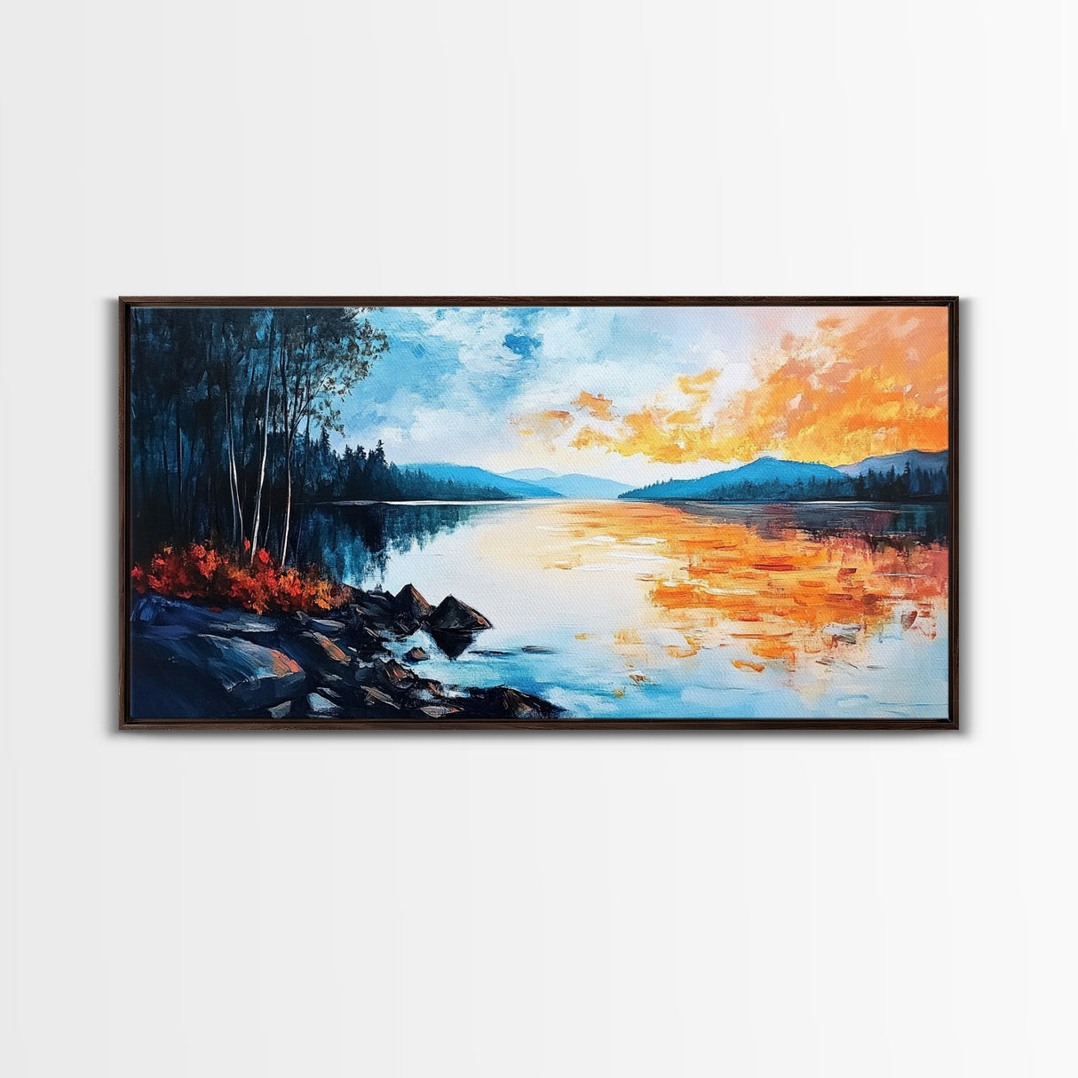Sunset Lake Reflection, panoramic art, landscape painting, framed canvas print, mountain painting, extra wide art