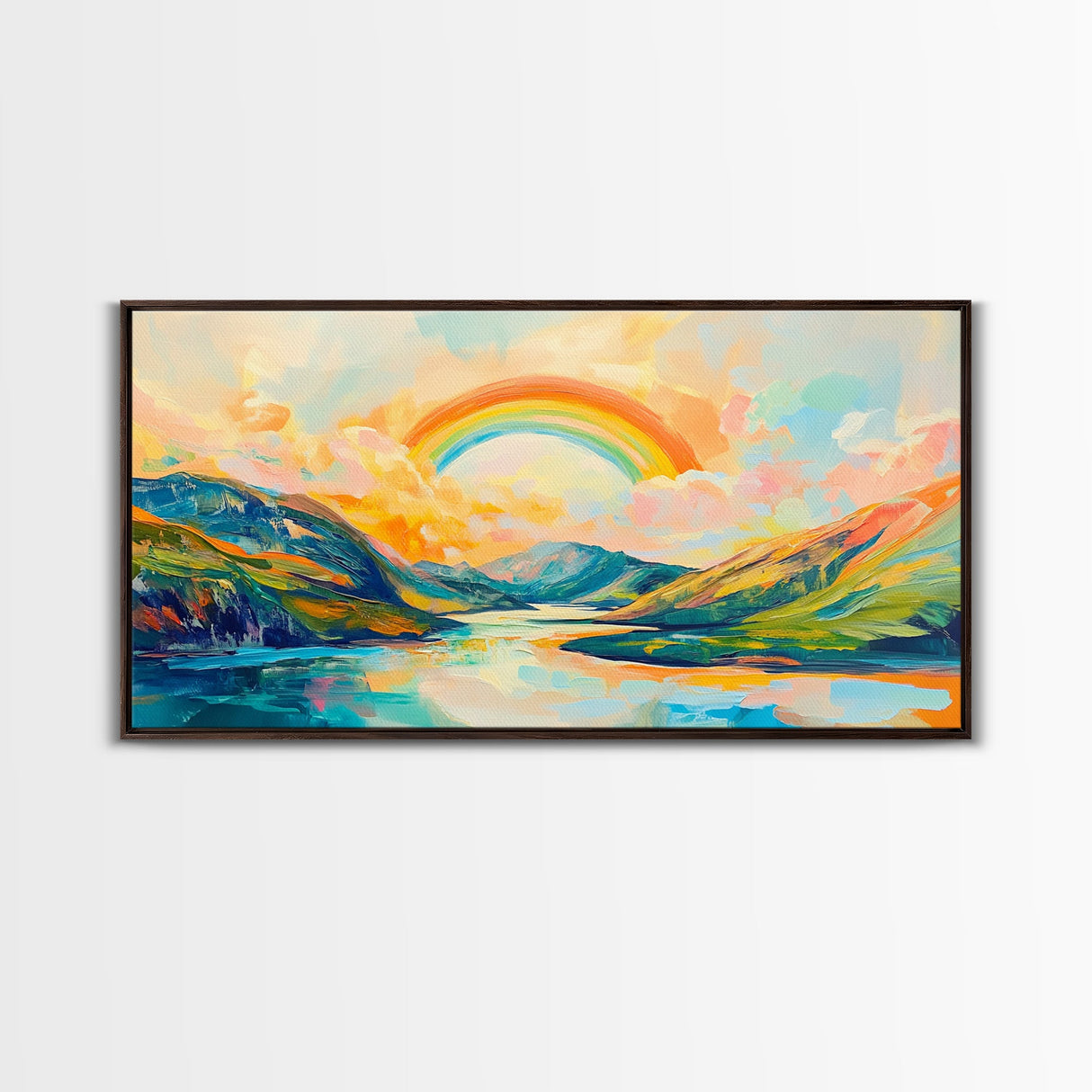 Rainbow Over Mountains, landscape painting, panoramic art, framed canvas print, extra wide art, mountain painting, colorful art