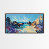 Rocky Seascape Panorama, framed canvas print, extra wide art, seascape painting, above couch art, nautical painting