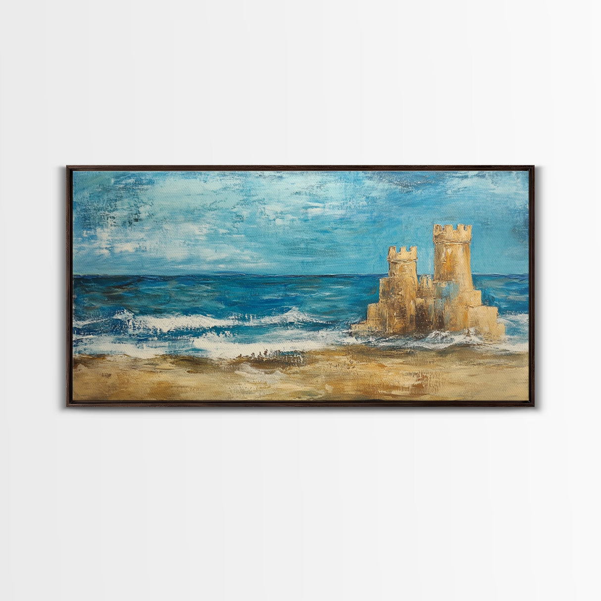 Sandcastle Painting, Coastal Decor, Beach House Wall Art, Nautical Painting, Framed Canvas Print, Seascape Art, Ocean Wave Painting