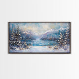 Lake Tahoe Art, Snowy Landscape, Winter Cabin Decor, Framed Canvas Print, Blue and Green Wall Art, Horizontal Wall Art