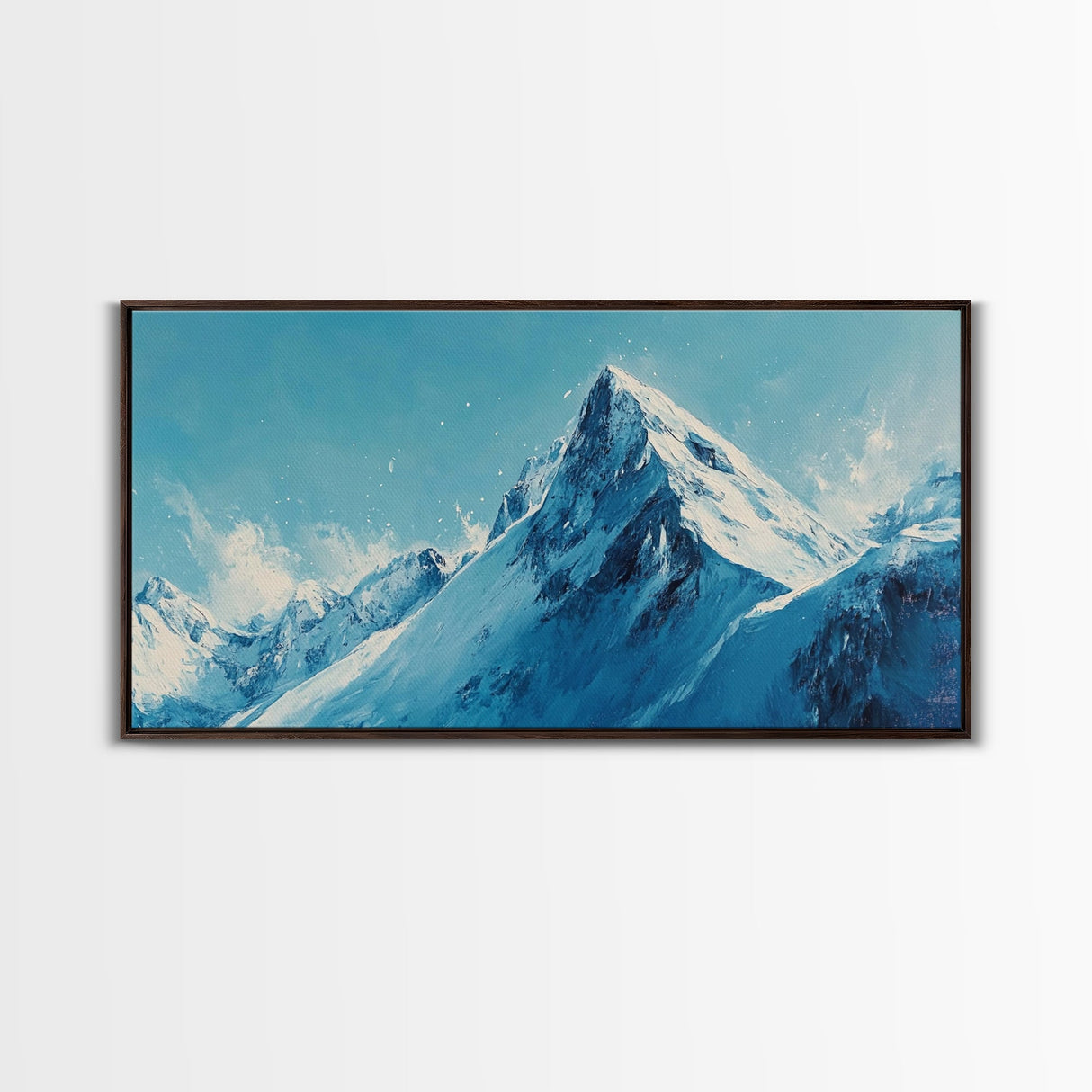Mountain Painting, Blue and White Art, Snowy Peak Art, Framed Canvas Print, Rustic Decor, Minimalist Art, Extra Wide Art