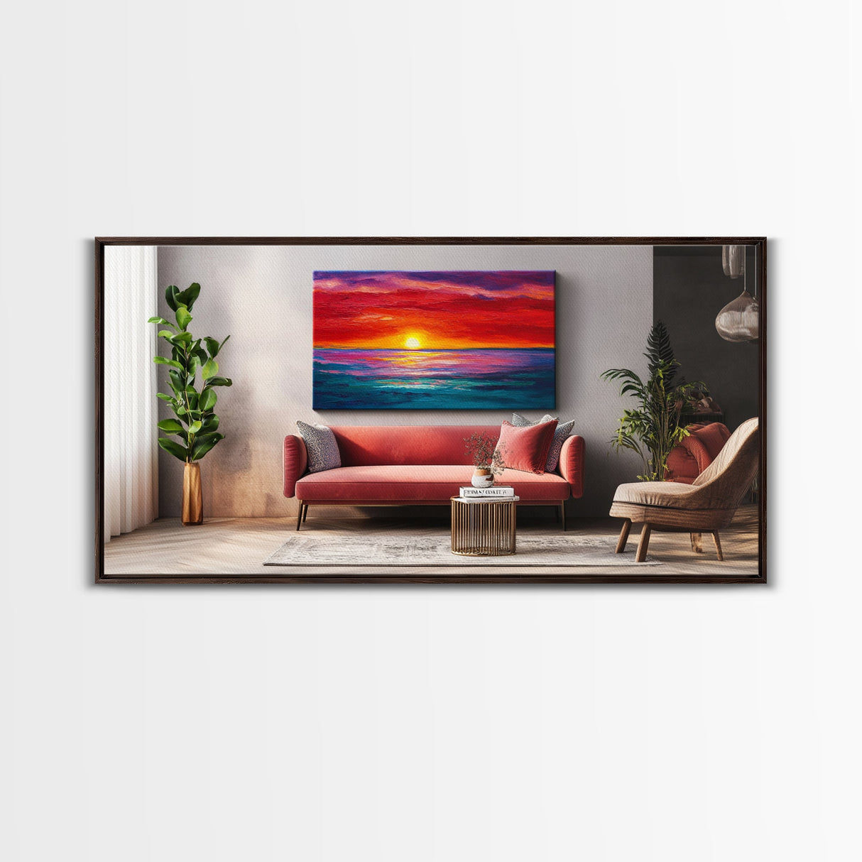 Red Couch, Sunset Painting, Above Sofa Art, Coastal Wall Art, Beach Decor, Panoramic Art, Framed Canvas Print, Living Room Art
