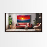 Red Couch, Sunset Painting, Above Sofa Art, Coastal Wall Art, Beach Decor, Panoramic Art, Framed Canvas Print, Living Room Art