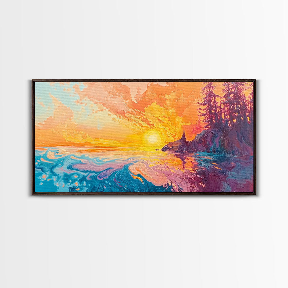 Fiery Sunset, Moody Art, Lake Tahoe Art, Colorful Landscape, Southwest Wall Art, Panoramic Painting, Framed Canvas Print, Nature Art