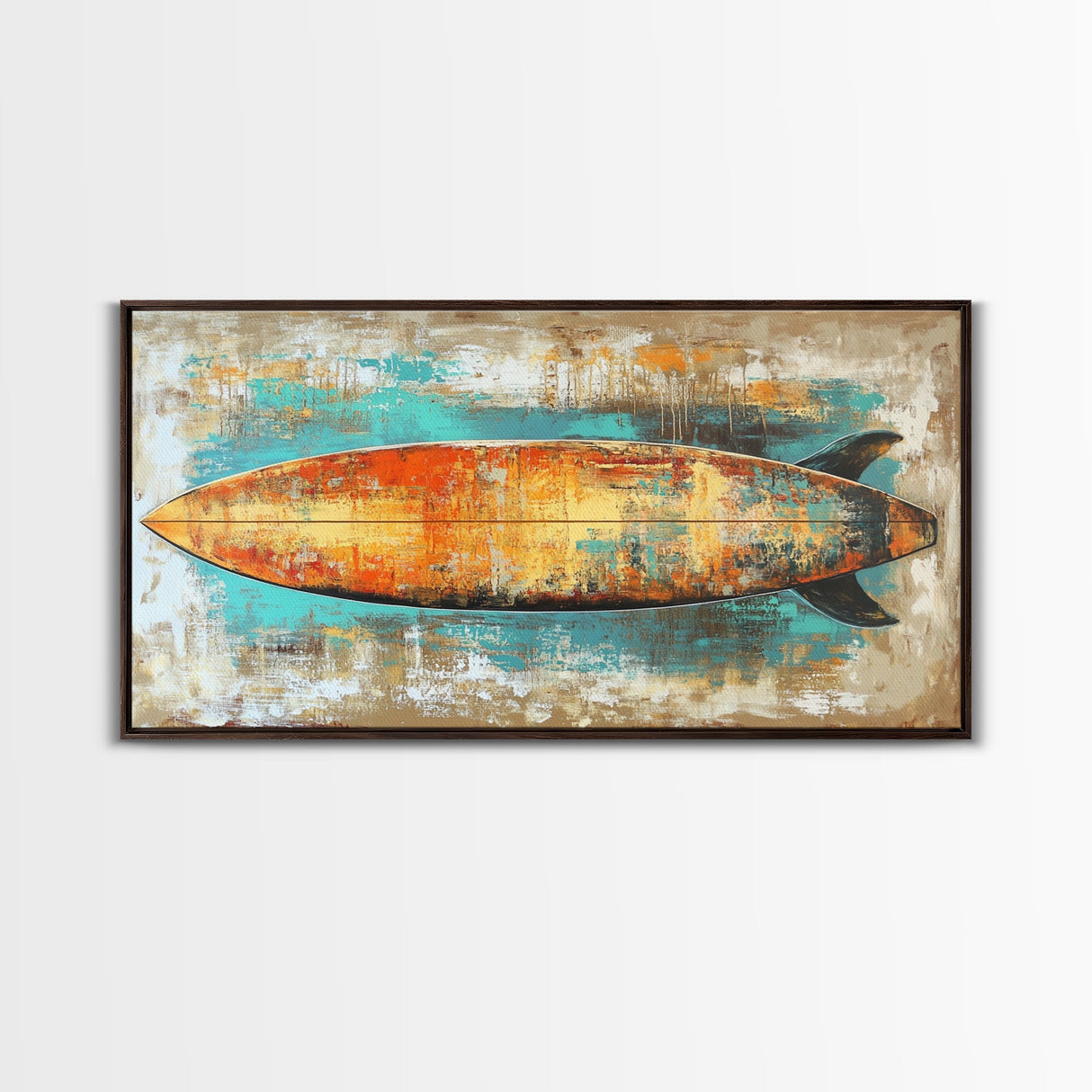 Rustic Surfboard, coastal decor, surf wall art, nautical painting, extra wide art, boho art, beach house decor, Canvas Print