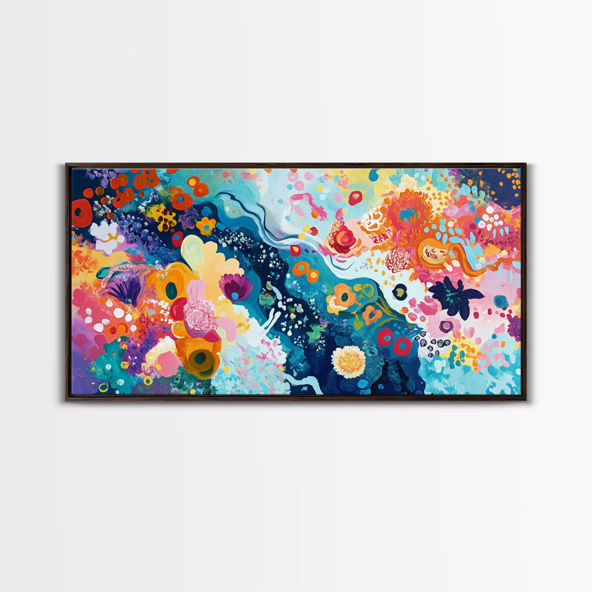 Floral abstract, whimsical art, colorful wildflowers, framed canvas print, botanical prints, pink orange wall art