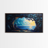 Ocean Cave, Framed Canvas Print, nautical wall art, coastal painting, extra wide painting, seascape painting, panoramic wall art