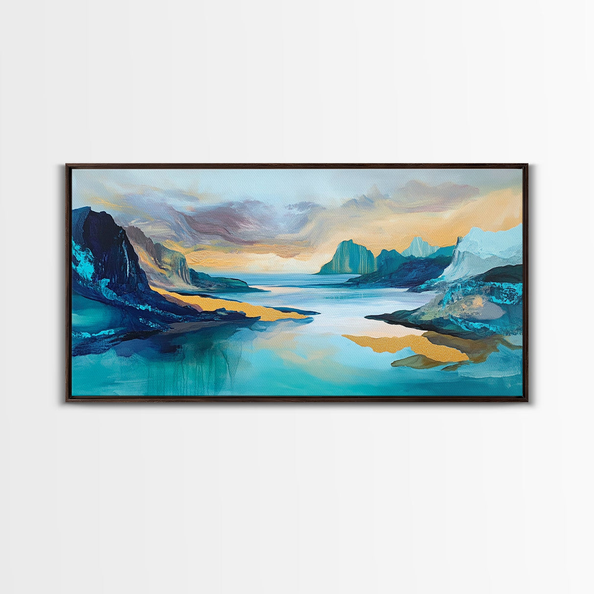 Serene Fjord, mountain painting, lake Tahoe art, blue and green wall art, panoramic painting, extra wide art, Framed Canvas Print, above sofa art