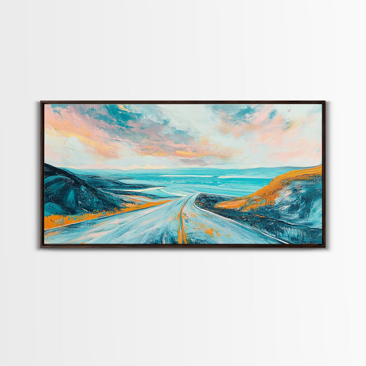 Open Road, Ocean View Highway, Coastal Landscape, Nautical Painting, Lake Tahoe Art, Panoramic Art, Canvas Print, Horizontal Art