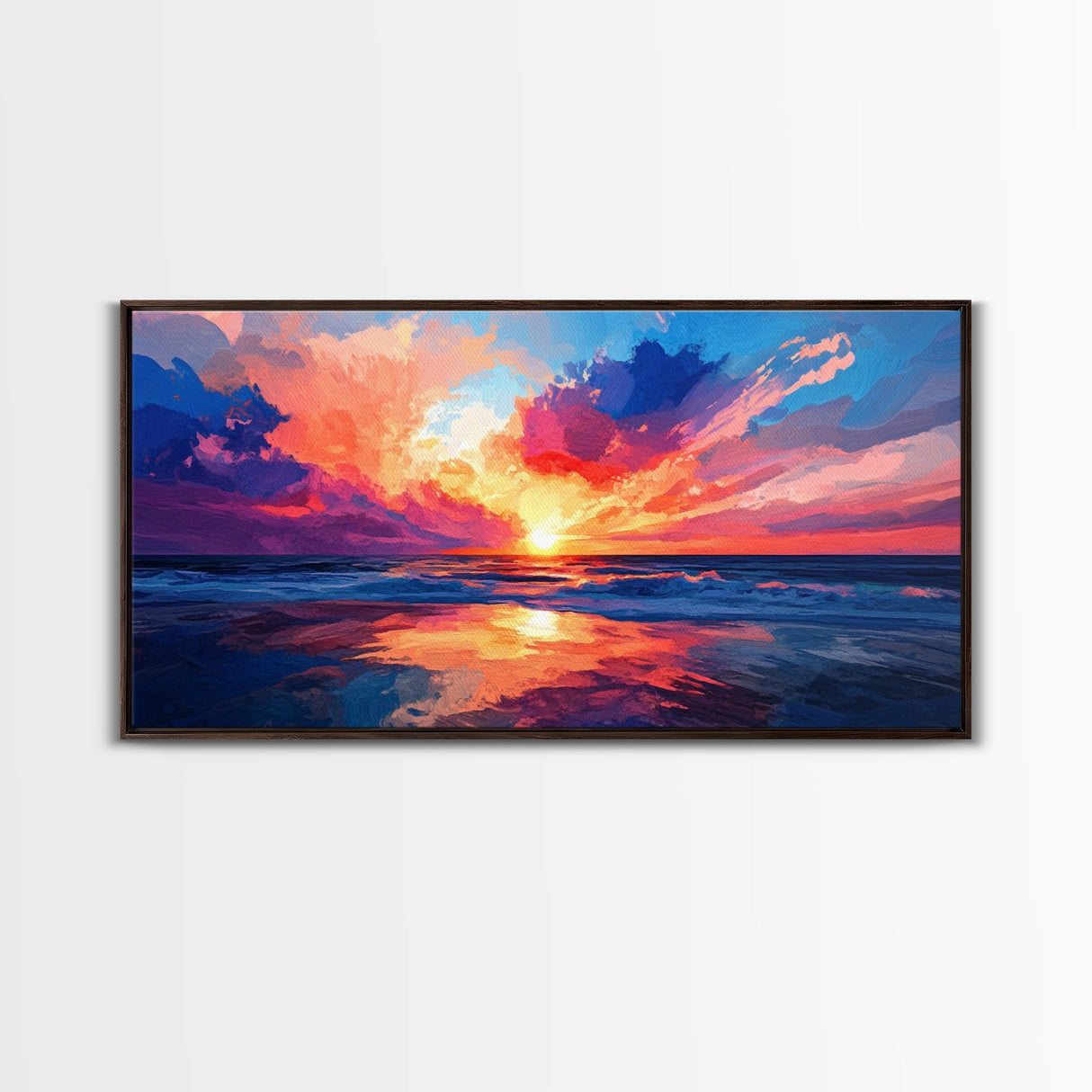 Sunset Beach, pink orange wall art, seascape painting, coastal wall art, panoramic art, ocean waves, extra wide art, Canvas Print