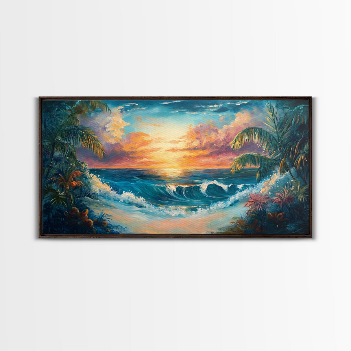 Tropical Waves, palm tree painting, Hawaii art, seascape painting, coastal decor, ocean painting, beach waves, Framed Canvas Print