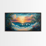 Tropical Waves, palm tree painting, Hawaii art, seascape painting, coastal decor, ocean painting, beach waves, Framed Canvas Print