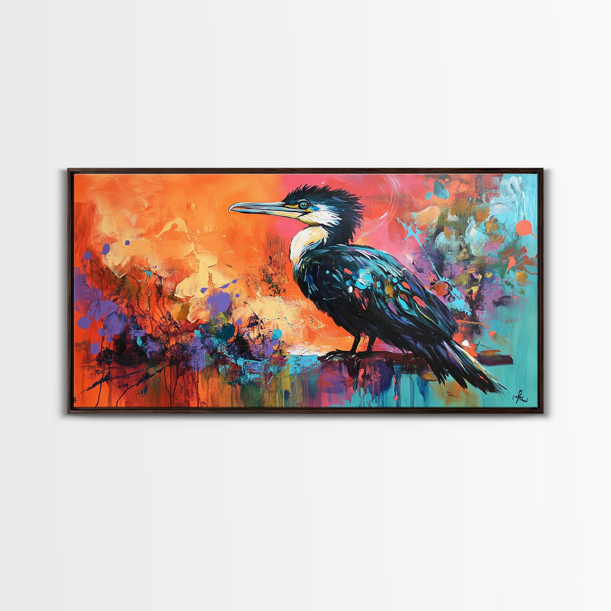 Colorful Bird, bird art, whimsical art, teal wall art, abstract wildlife painting, vibrant decor, boho art, Framed Canvas Print