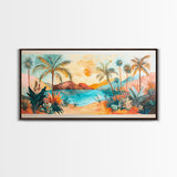 Tropical Sunset Art, Coastal Landscape Art, Boho Wall Art, Palm Tree Painting, Pink Orange Wall Art, Extra Wide Art, Canvas Print