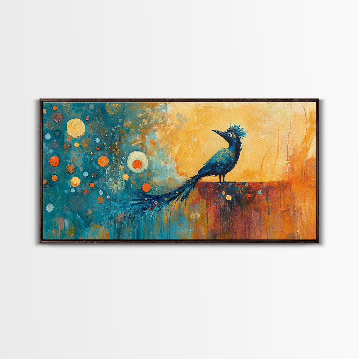 Whimsical Bird Art, Peacock Wall Art, Surreal Painting, Colorful Wall Art, Boho Art, Fantasy Art, Extra Wide Art, Framed Canvas Print