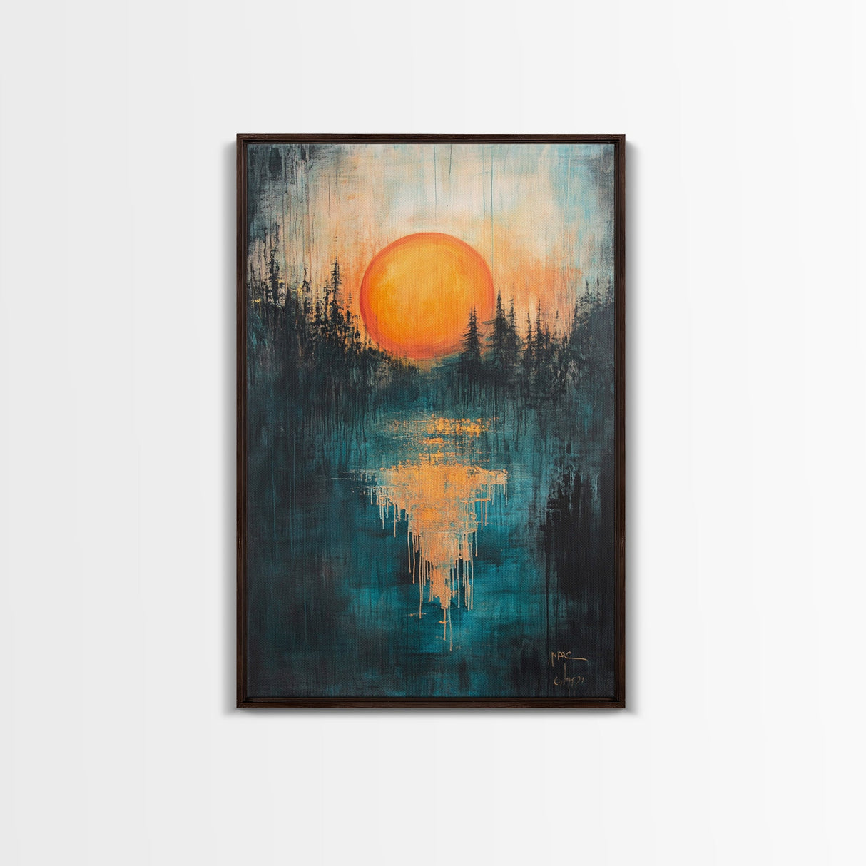 Sunset Over Water, Forest at Dusk Painting, Moody Landscape, Warm Glow Art, Nature Wall Art, Rustic Decor, Canvas Print
