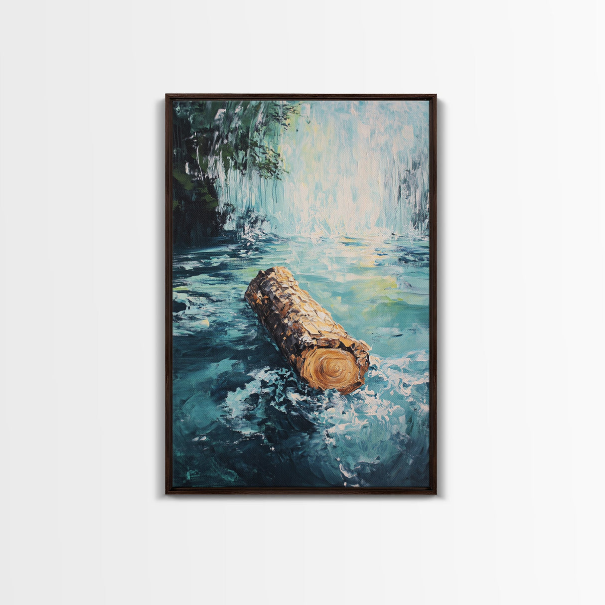 Log in Water, Forest at Dusk Painting, Rustic Nature Scene, Moody Wall Art, Blue and Green Decor, Framed Canvas Print