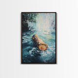Log in Water, Forest at Dusk Painting, Rustic Nature Scene, Moody Wall Art, Blue and Green Decor, Framed Canvas Print