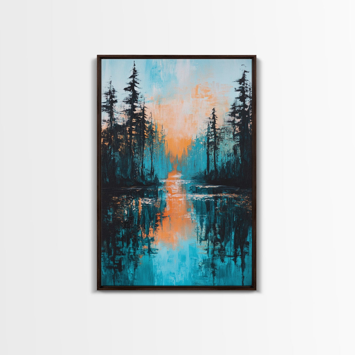 Sunset Reflection, pine tree art, landscape painting, teal wall art, Joshua tree art, framed canvas print, extra wide art