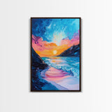 Colorful Beach, sunset painting, surf wall art, coastal painting, nautical decor, ocean waves, framed canvas print, seascape art
