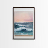 Ocean Sunset Waves, coastal decor, nautical painting, pink orange wall art, coastal landscape art, Canvas Print