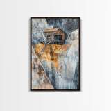Rustic Cabin on Cliff, barn landscape painting, rustic art, farmhouse art, wabi sabi art, vintage horse art, Framed Canvas Print