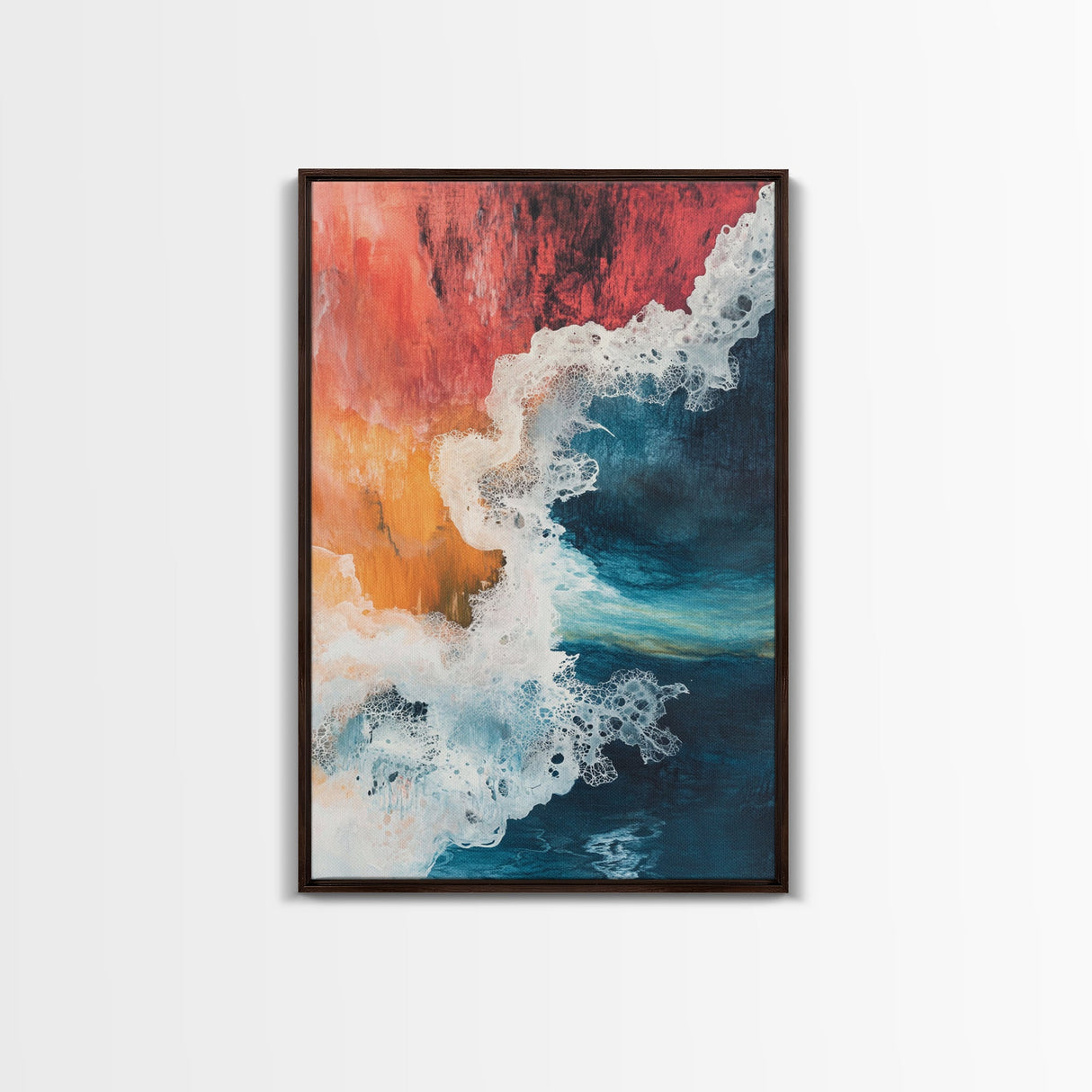 Fiery Ocean Wave, pink orange wall art, coastal landscape art, teal wall art, moody art, ocean abstract art, Framed Canvas Print