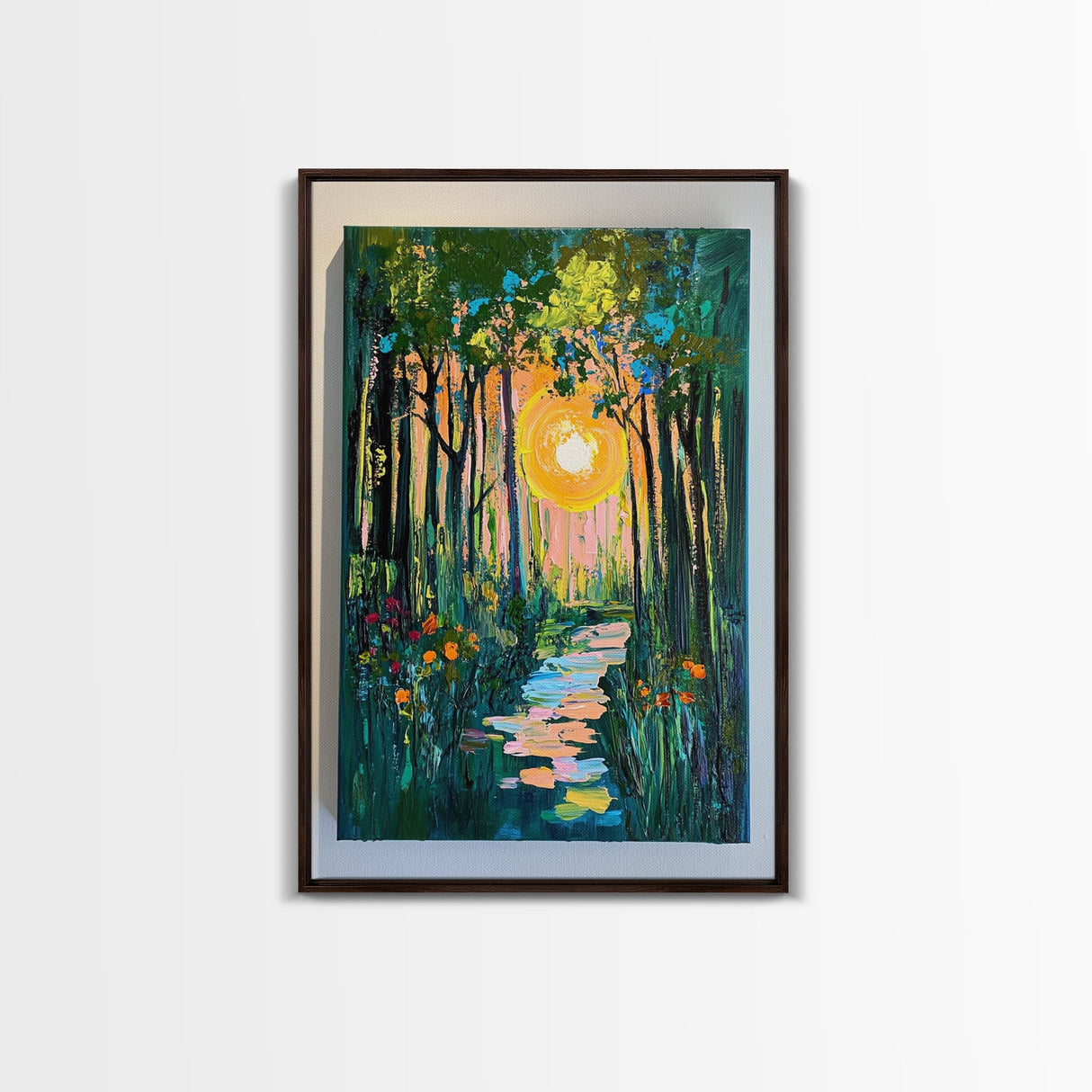 Forest Sunrise Path, wildflower painting, forest at dusk painting, wabi sabi wall art, whimsical art, Canvas Print