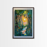 Forest Sunrise Path, wildflower painting, forest at dusk painting, wabi sabi wall art, whimsical art, Canvas Print