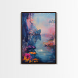 Dreamy Lake Scene, pink abstract art, blue and green wall art, moody art, vertical wall art, framed canvas print, living room art