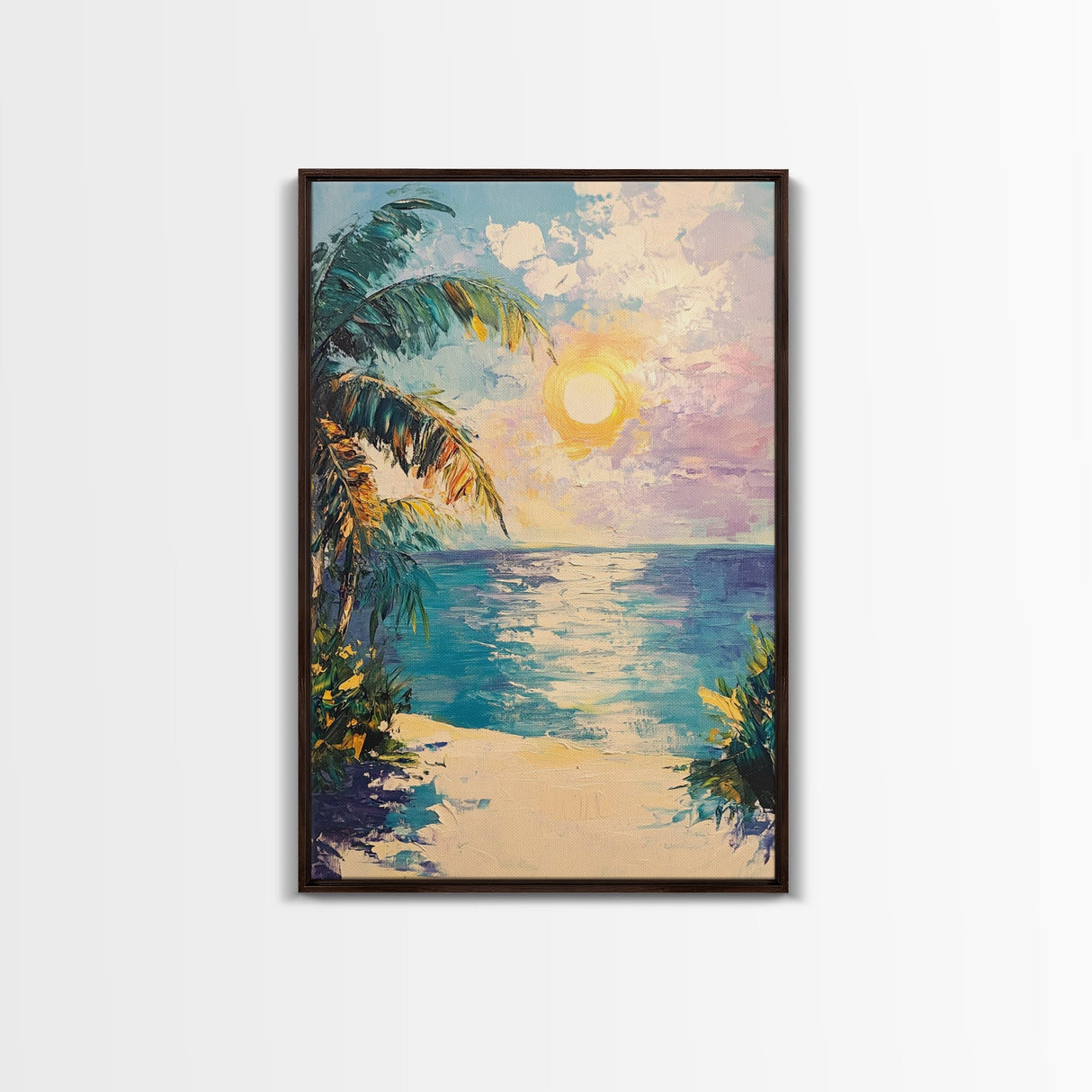 Tropical Beach Sunset, coastal cowgirl wall art, palm tree painting, beach scene, framed canvas print, bedroom art, nautical painting