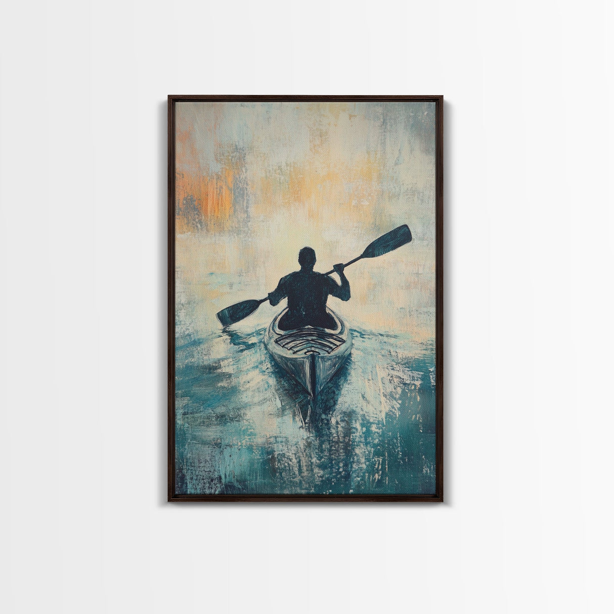 Kayaker at Sunset, Coastal Landscape Art, Nautical Wall Art, Moody Art, Above Sofa Art, Ocean Painting, Framed Canvas Print