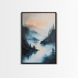 Misty Lake, landscape painting, smoky mountain art, pine tree art, moody art, blue and green wall art, Canvas Print, above sofa art