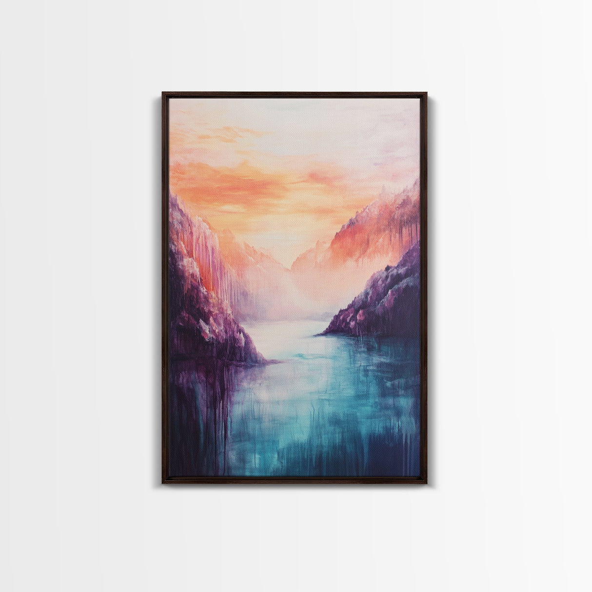 coastal decor, mountain painting, pink orange wall art, sunrise painting, landscape painting, Framed Canvas Print, abstract wall art