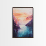 coastal decor, mountain painting, pink orange wall art, sunrise painting, landscape painting, Framed Canvas Print, abstract wall art