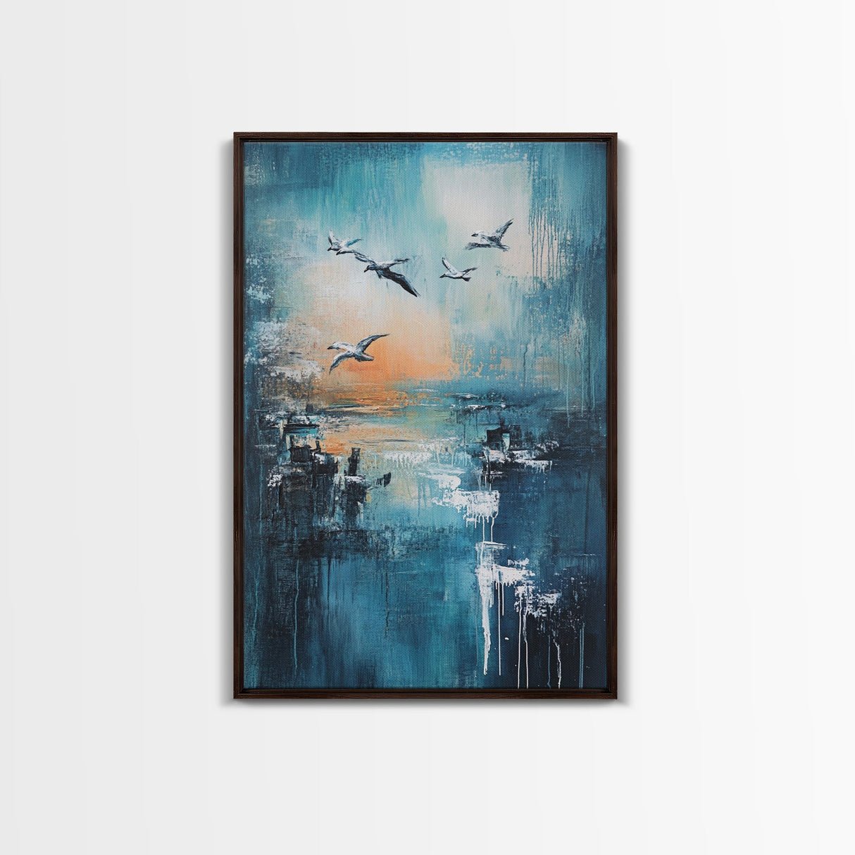 Seagull Art, coastal wall art, nautical painting, ocean birds, teal wall art, moody art, framed canvas print, gift idea, coastal decor