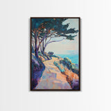 Ocean Cliff Path, coastal landscape art, pine tree art, rustic wall art, blue and green wall art, framed canvas, above bed wall art