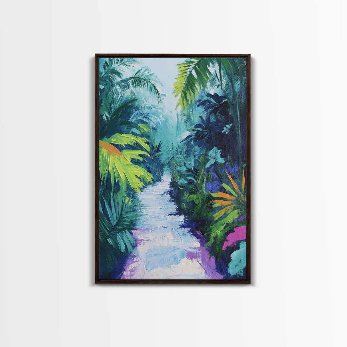 Jungle Walkway, tropical painting, palm tree painting, botanical prints, green wall art, living room art, canvas print, home decor