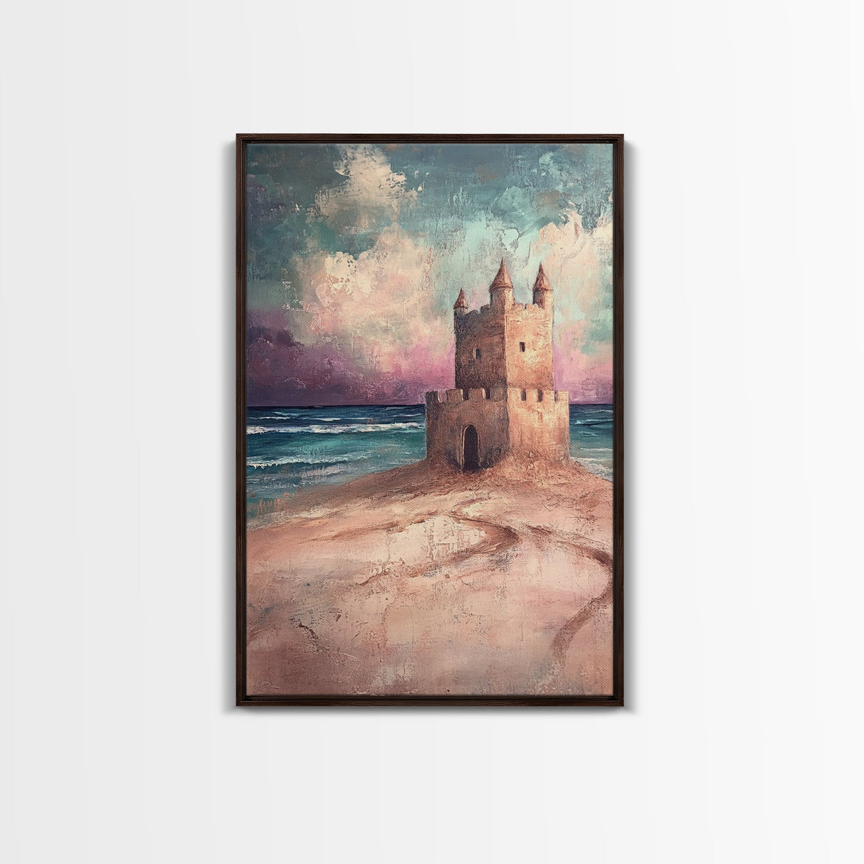 Fantasy Castle Framed Canvas Print Dreamy Coastal Art, Whimsical Beach Painting, Living Room Wall Decor, Pastel Ocean Landscape