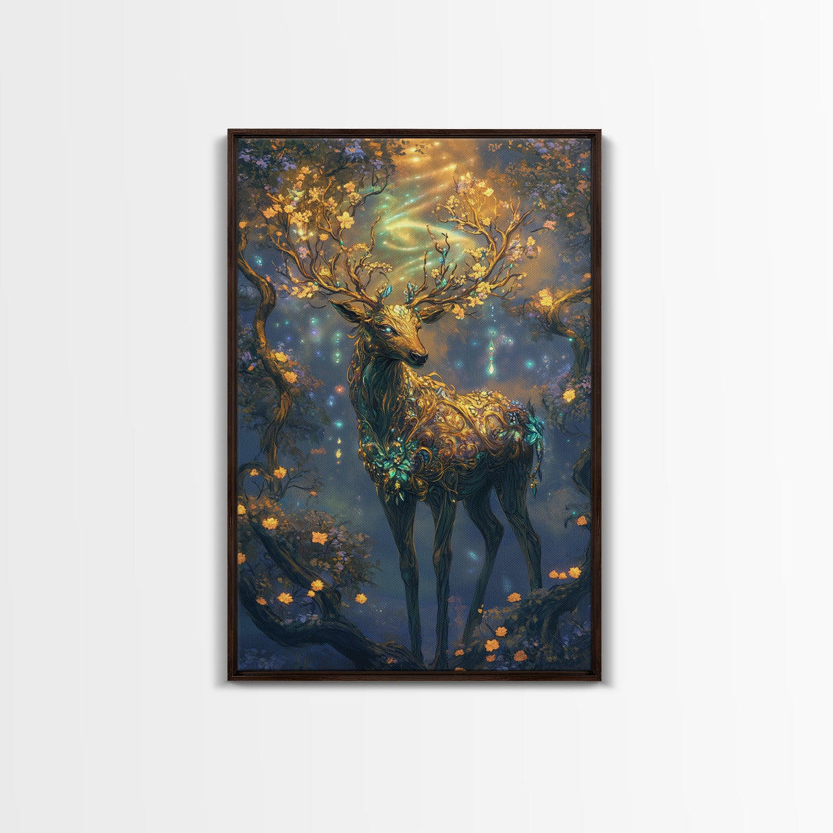 Golden Stag, Mystical Forest, Fantasy Animal Art, Sacred Geometry Wall Art, Rustic Wall Art, Living Room Art, Canvas Print, Gift Idea