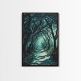 Mystical Tree Tunnel Framed Canvas Print Enchanted Forest Art, Fantasy Landscape, Dark Green Nature Decor, Living Room Wall Art